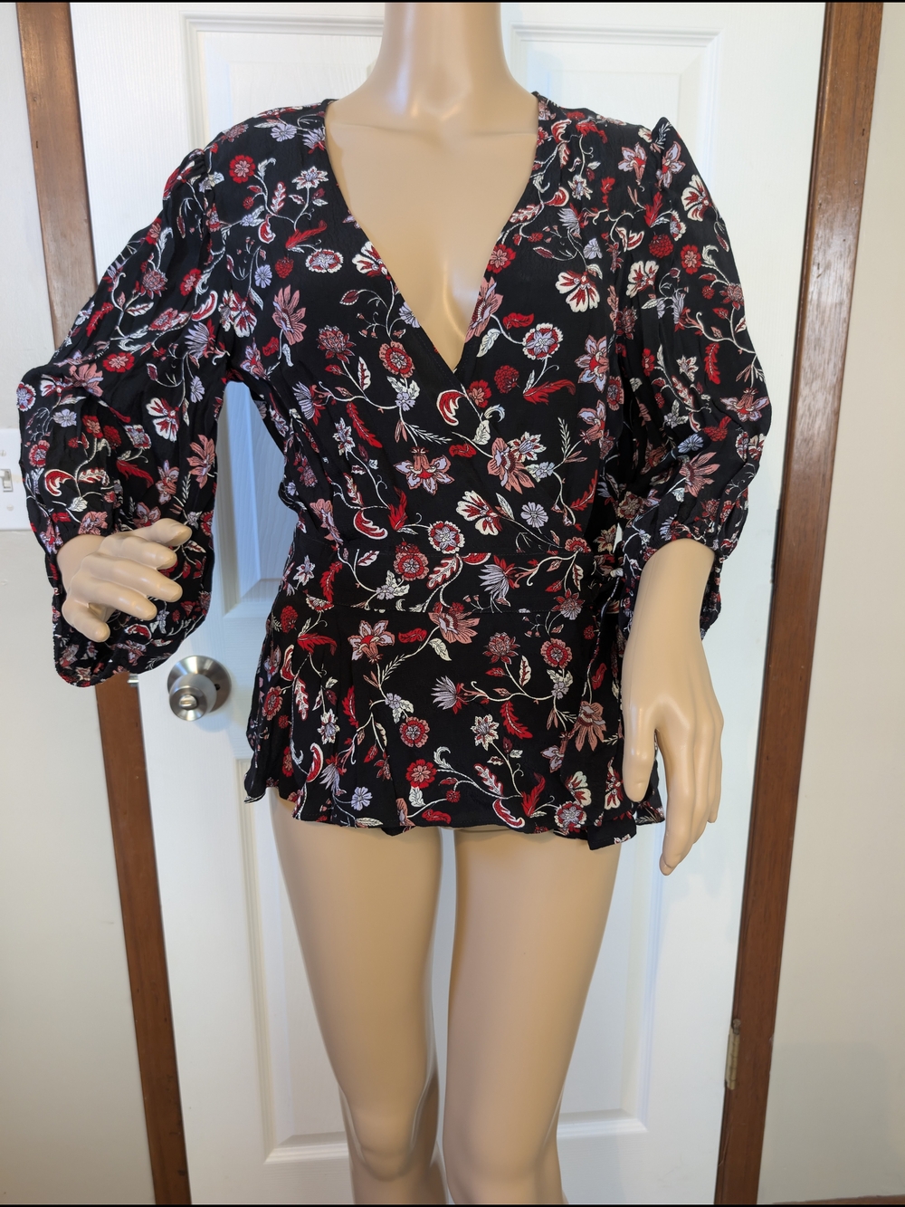 Banana Republic Black Floral Wrap Blouse with Red and Pink Accents-small